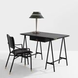 Jacques Adnet black leather brass office chair 1950