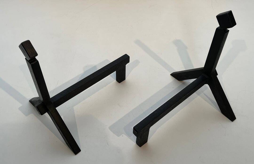 Pair of Modernist Black Iron Andirons with Diamond Finials and Angled Bases