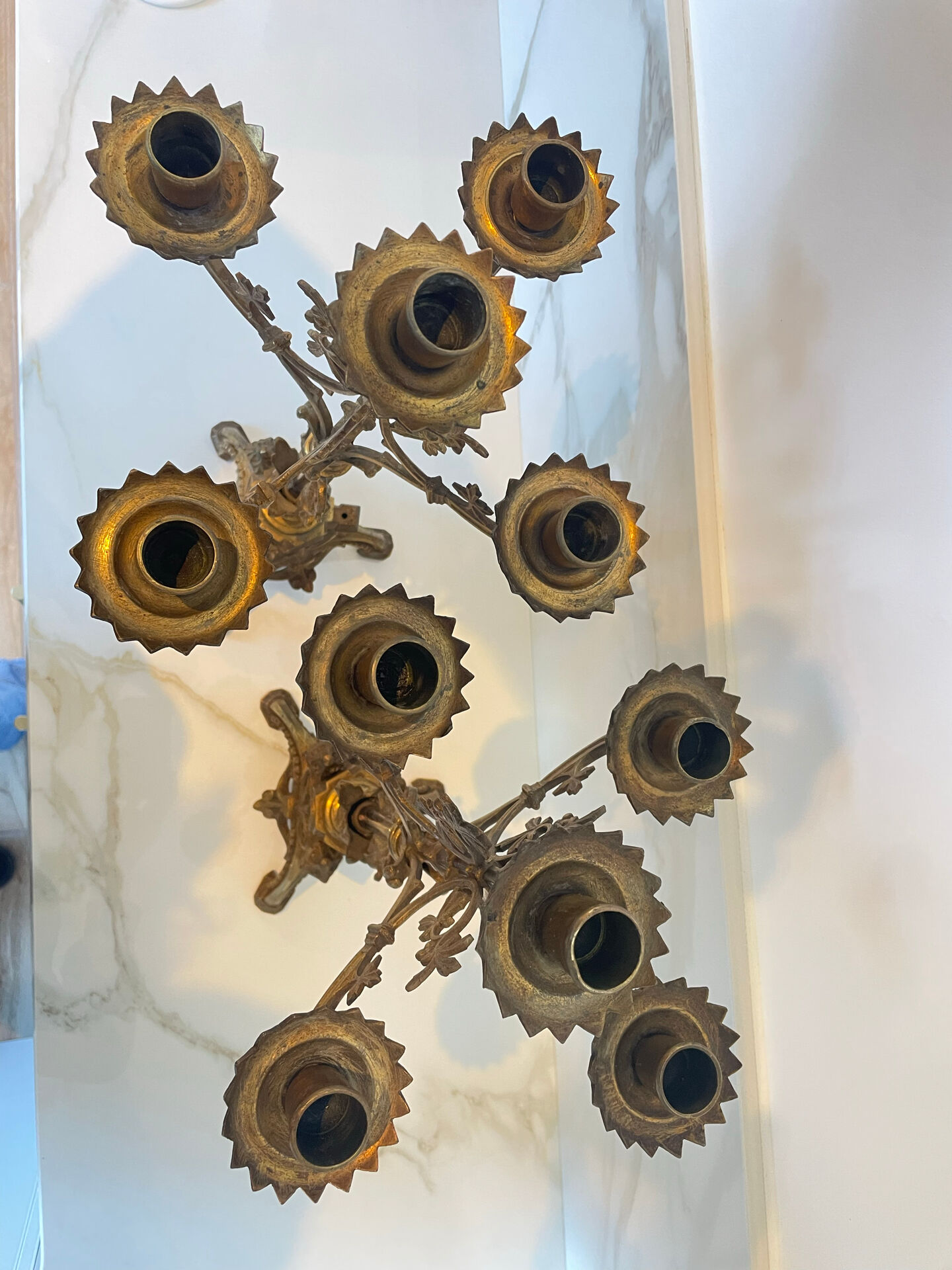 Pair of church candelabra - 19th century - in bronze and brass, 5 lights / c