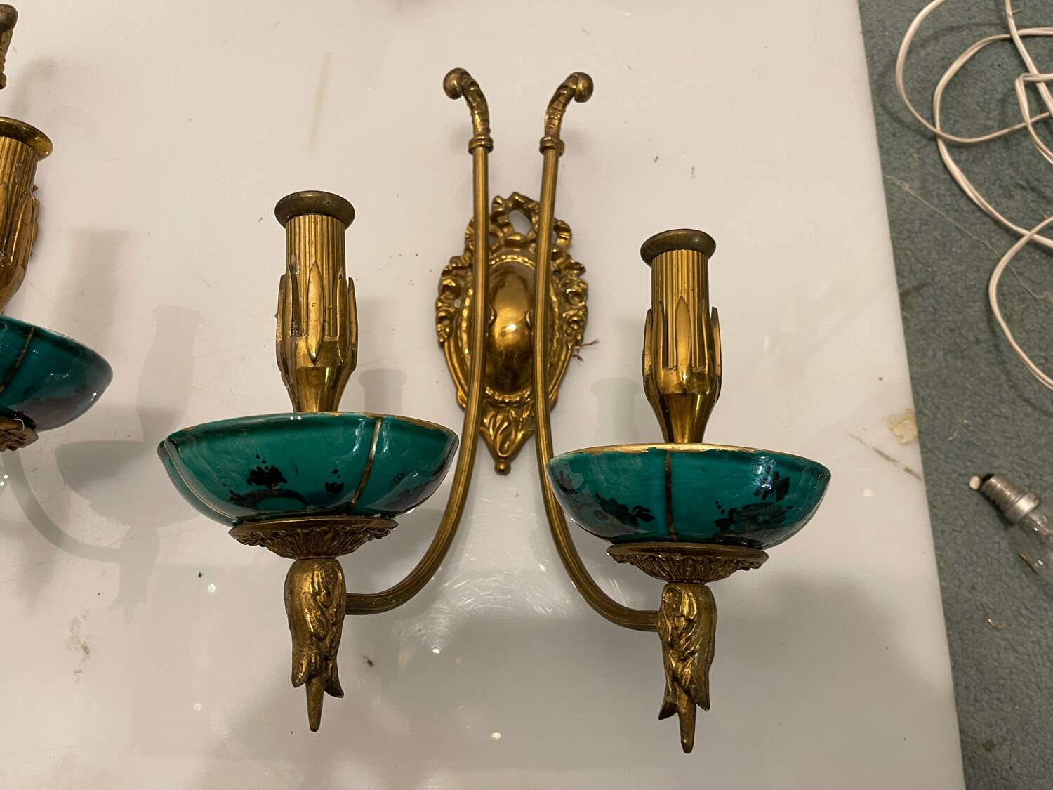 Brass Ceramic Sconces Set of 2 1940’s