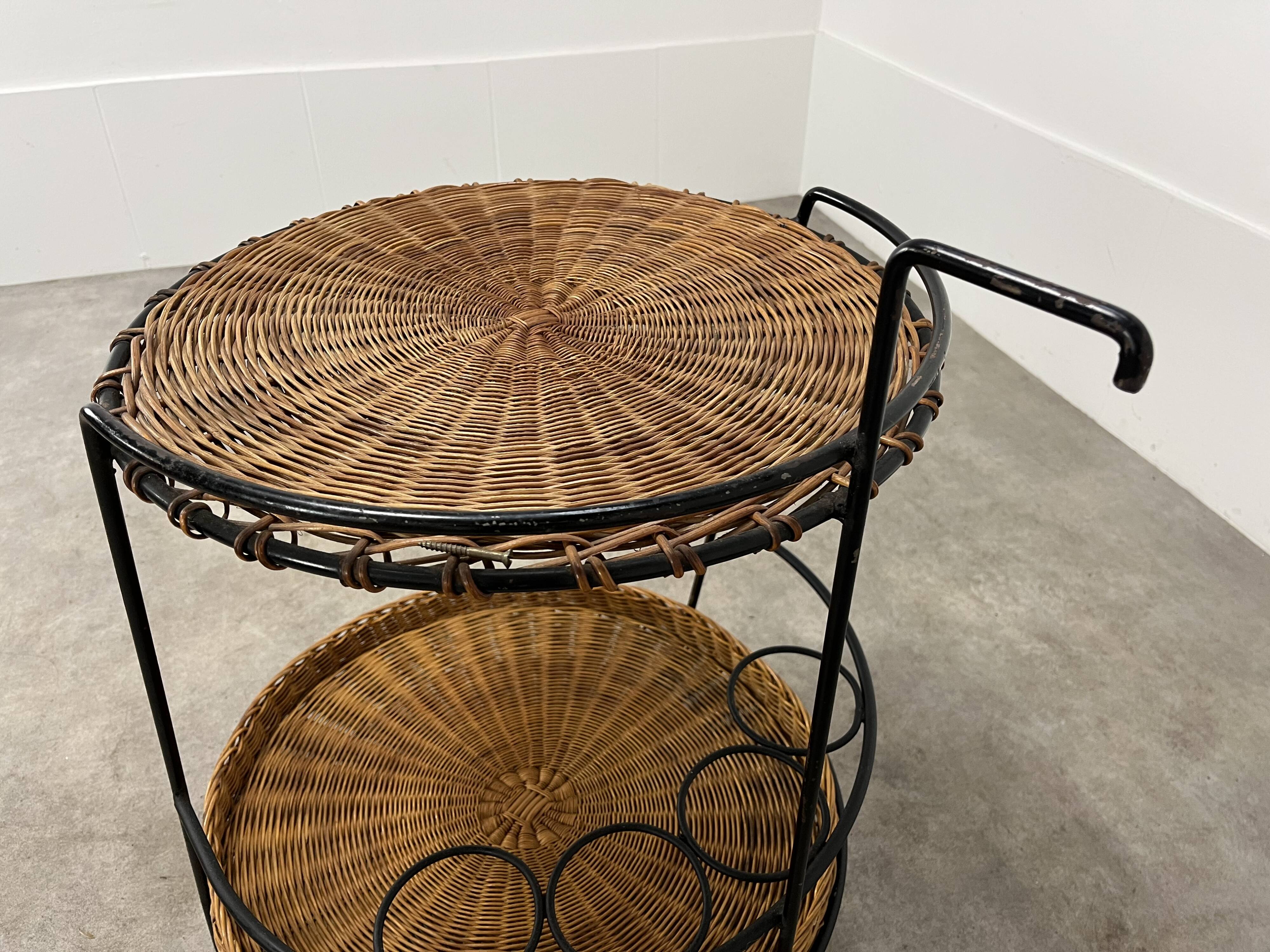 Raoul Guys style metal and rattan serving trolley from the 50s