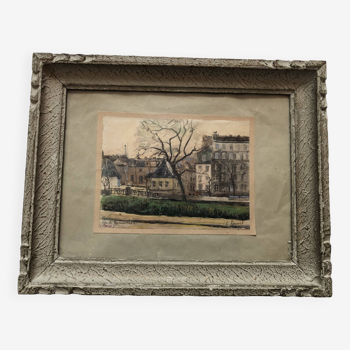 Aquarelle sur papier : rue des bernardins paris signé rouxel 1944, cadre, quai tournelle seine 75
