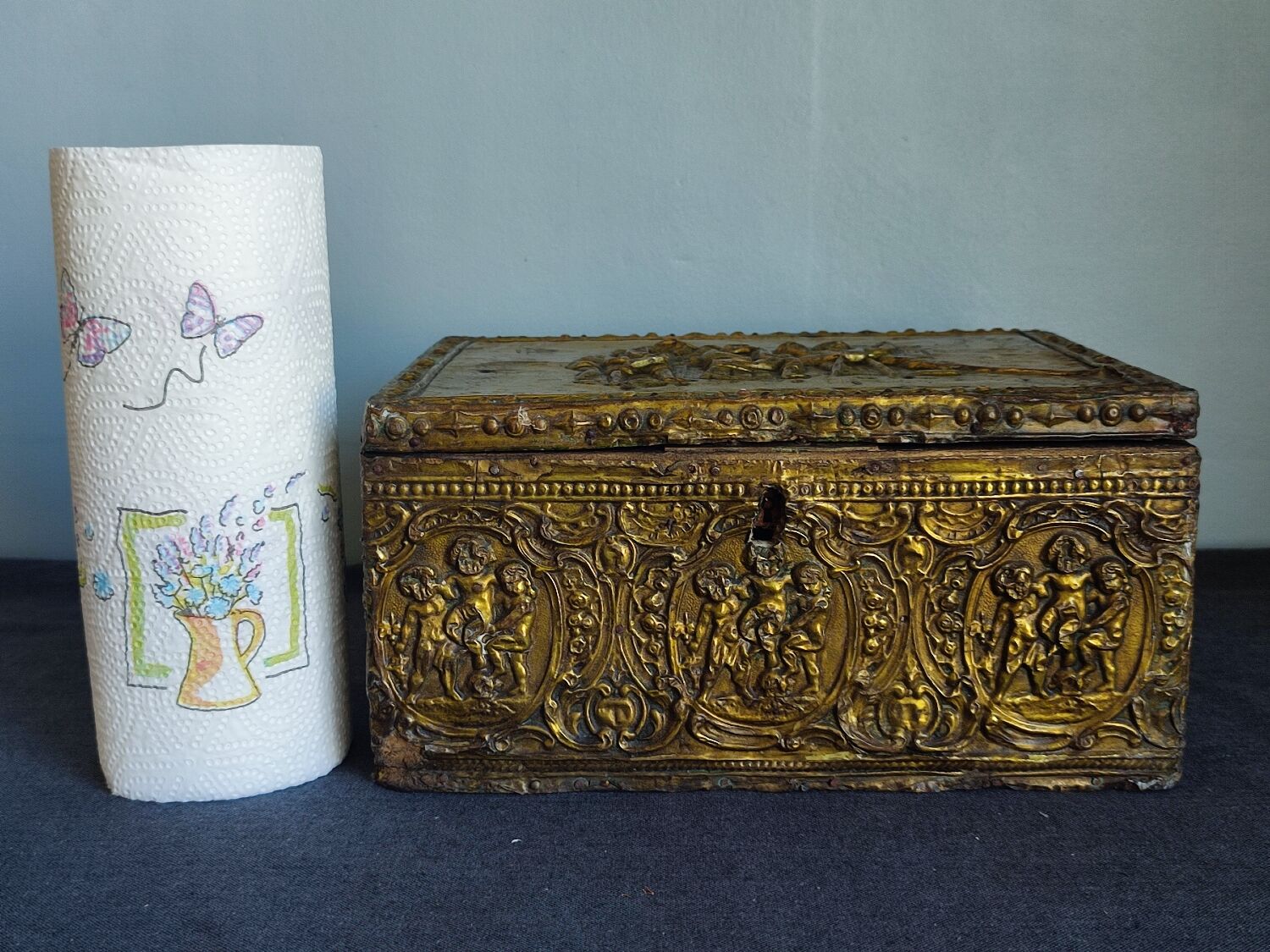 Old wooden box/casket covered with brass