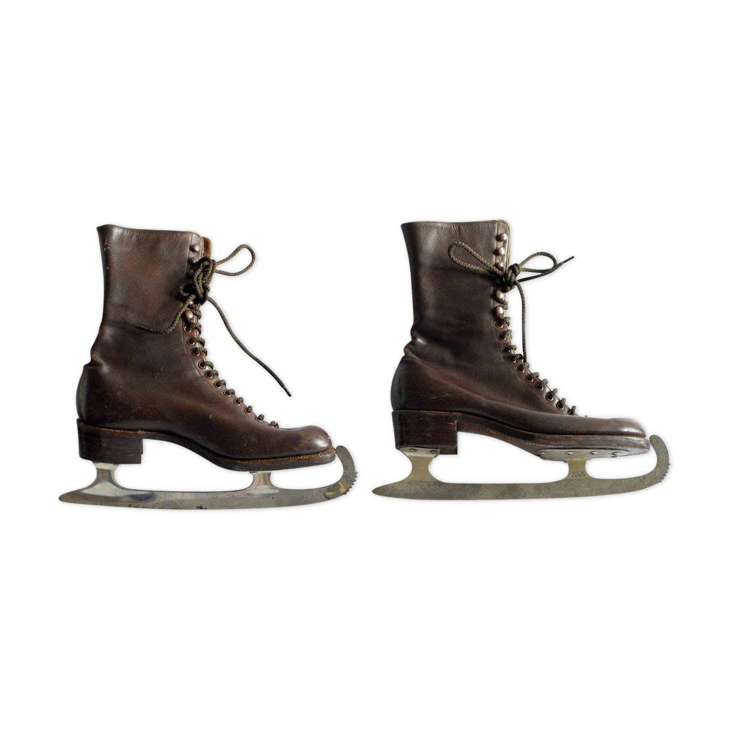 Pair of ice skates vintage with ankle boots leather brown-blade Stille Stockholm 30/40 years
