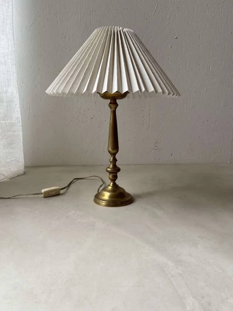 Brass table lamp with pleated shade, 1960s vintage design.
