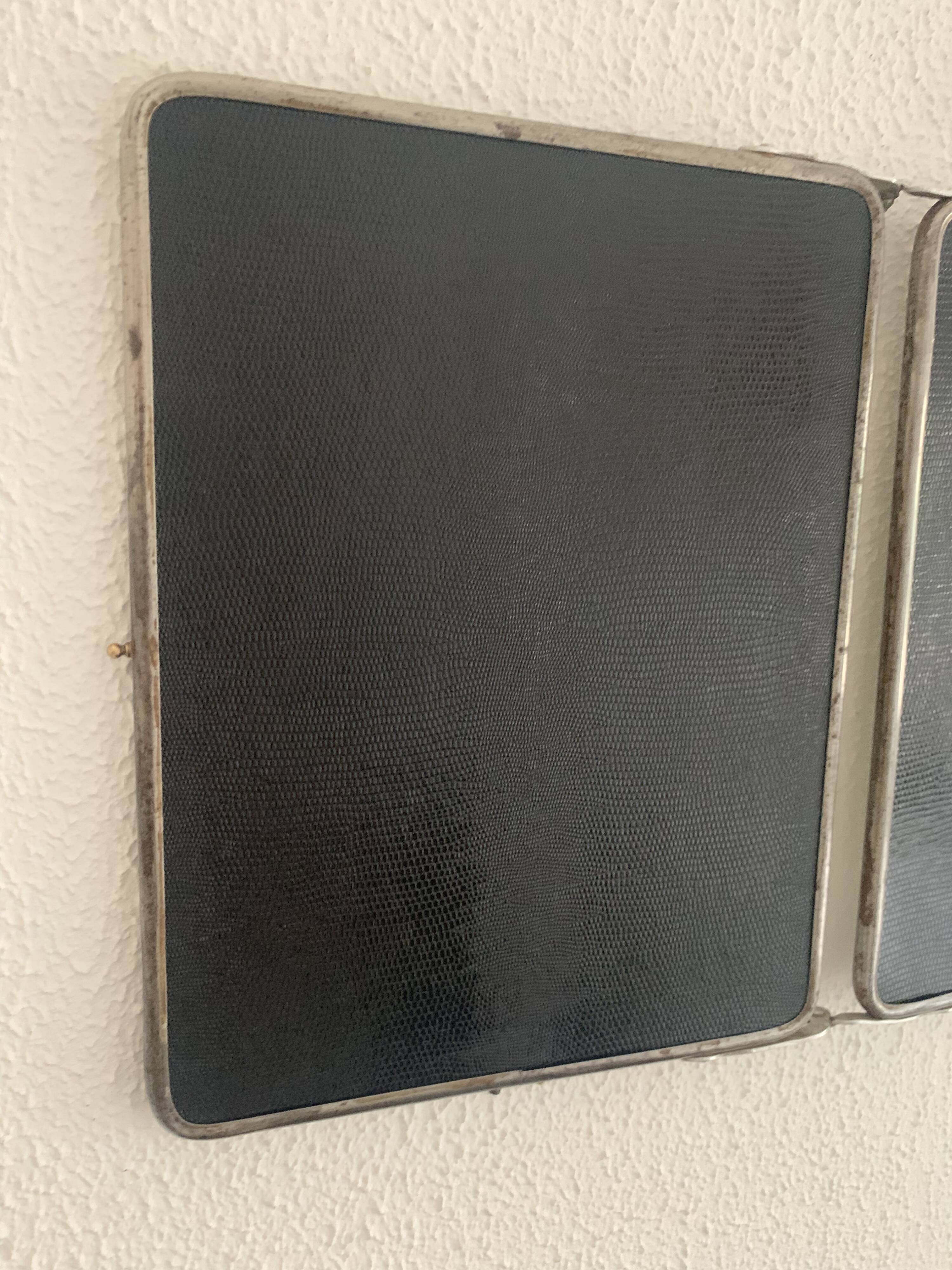 Vintage 1950s triptych barber mirror in black faux lizard - 27 x 67