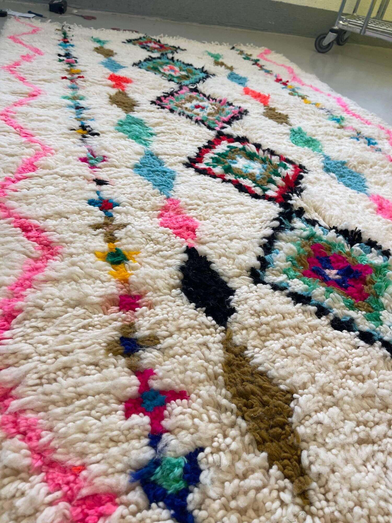 Moroccan Berber rug in ecru with multicoloured diamonds and bright pink – 240 × 139