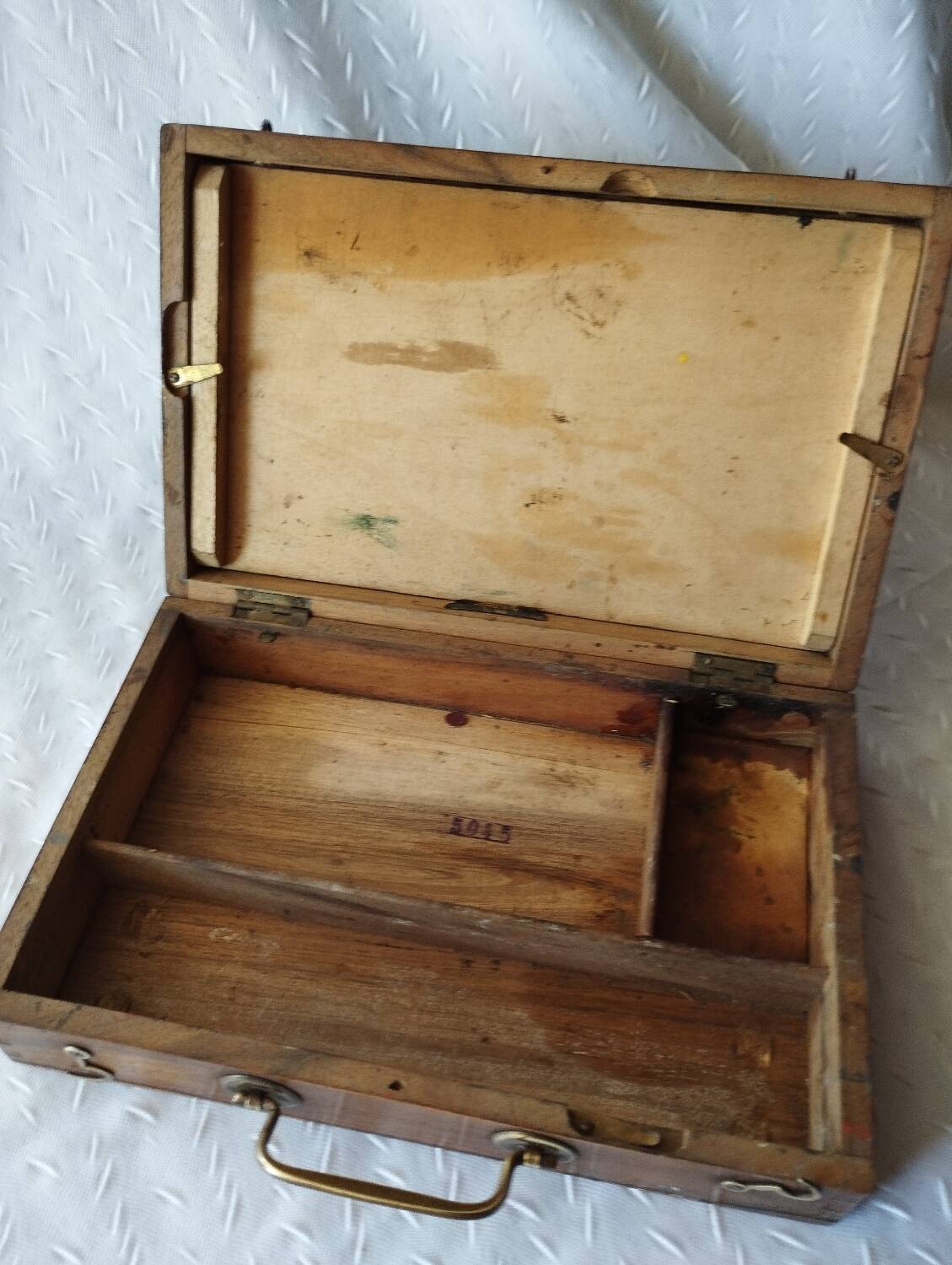 Old paint box wooden box with brass handle