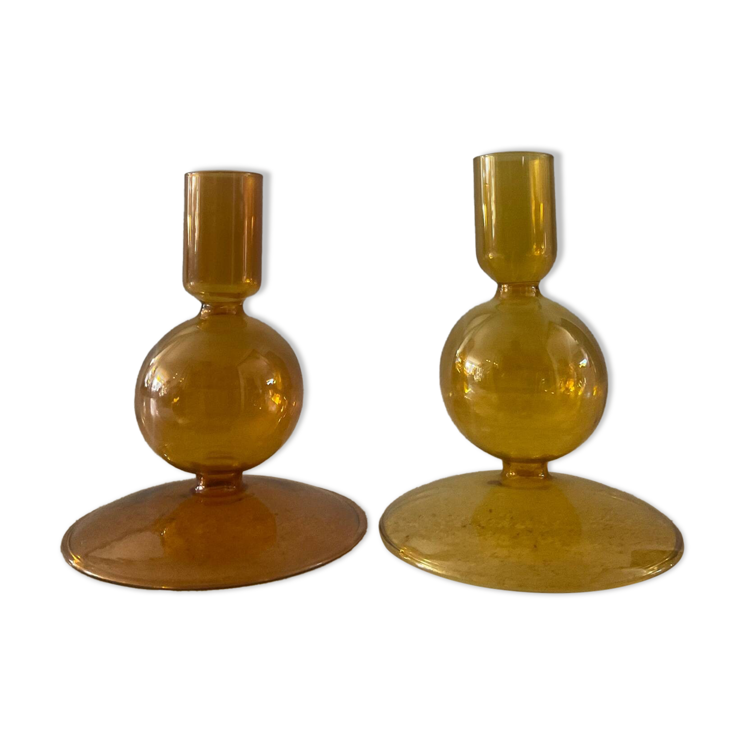 Pair of vintage amber glass candlesticks