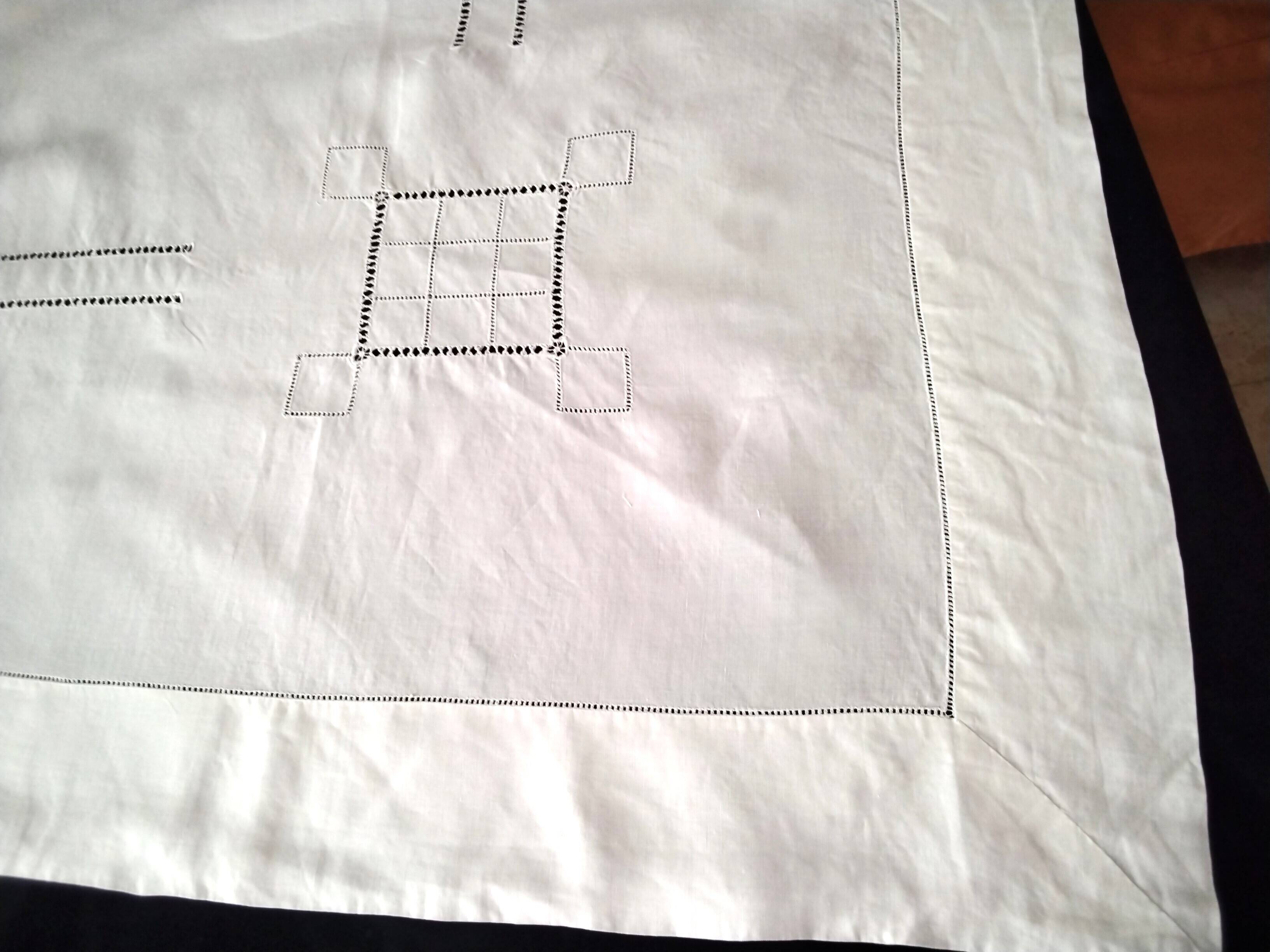White linen tablecloth with handmade stitching 1.55 x 1.88 m