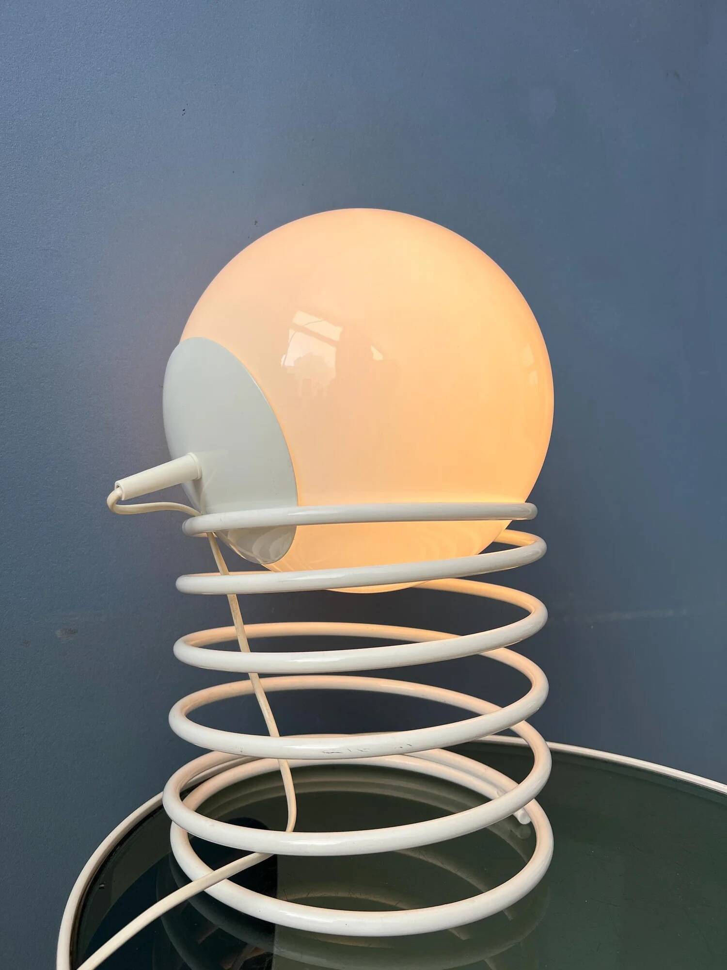 Large mid-century opaline milk glass spiral table lamp