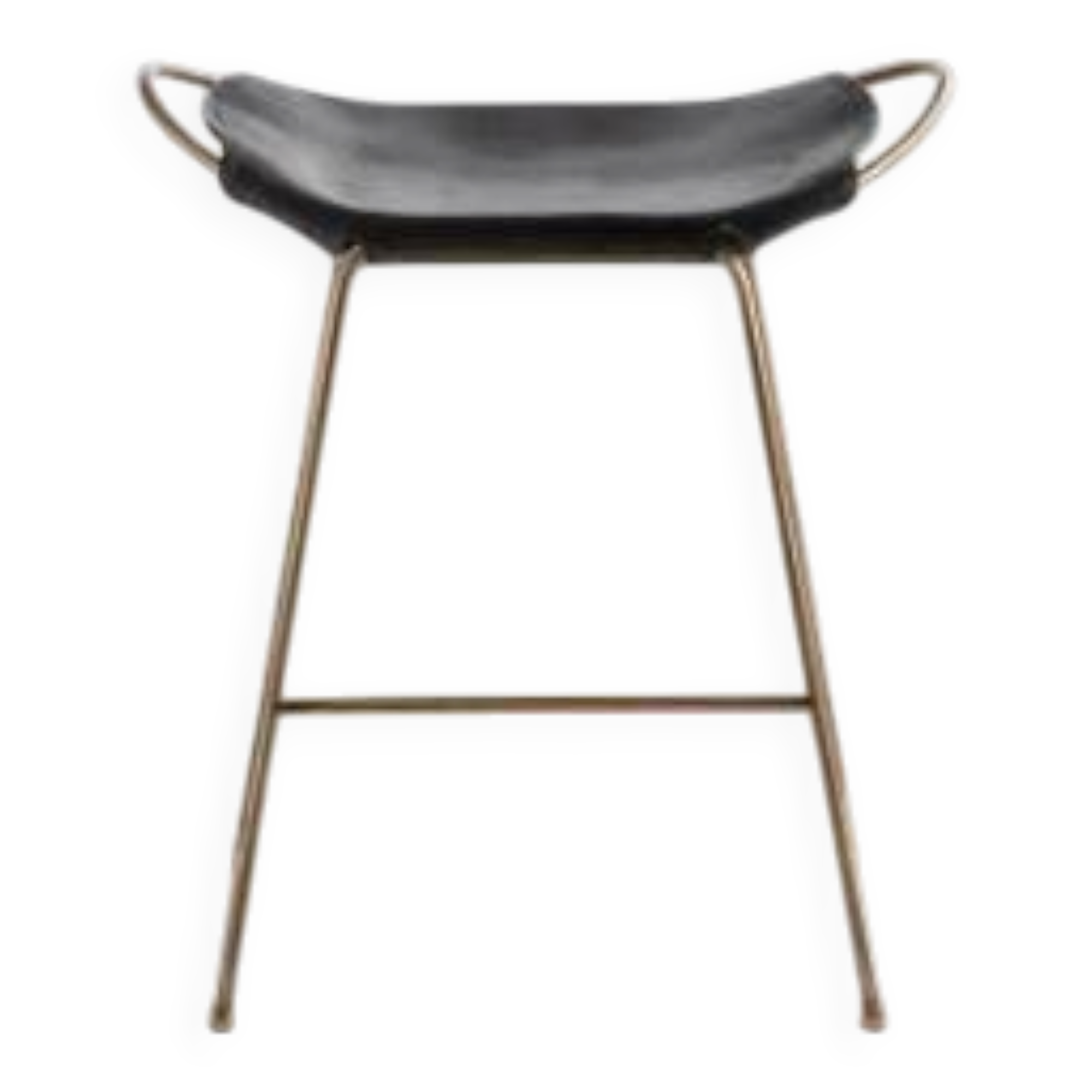 Contemporary sculptural organic bar stool, aged brass metal and black leather.