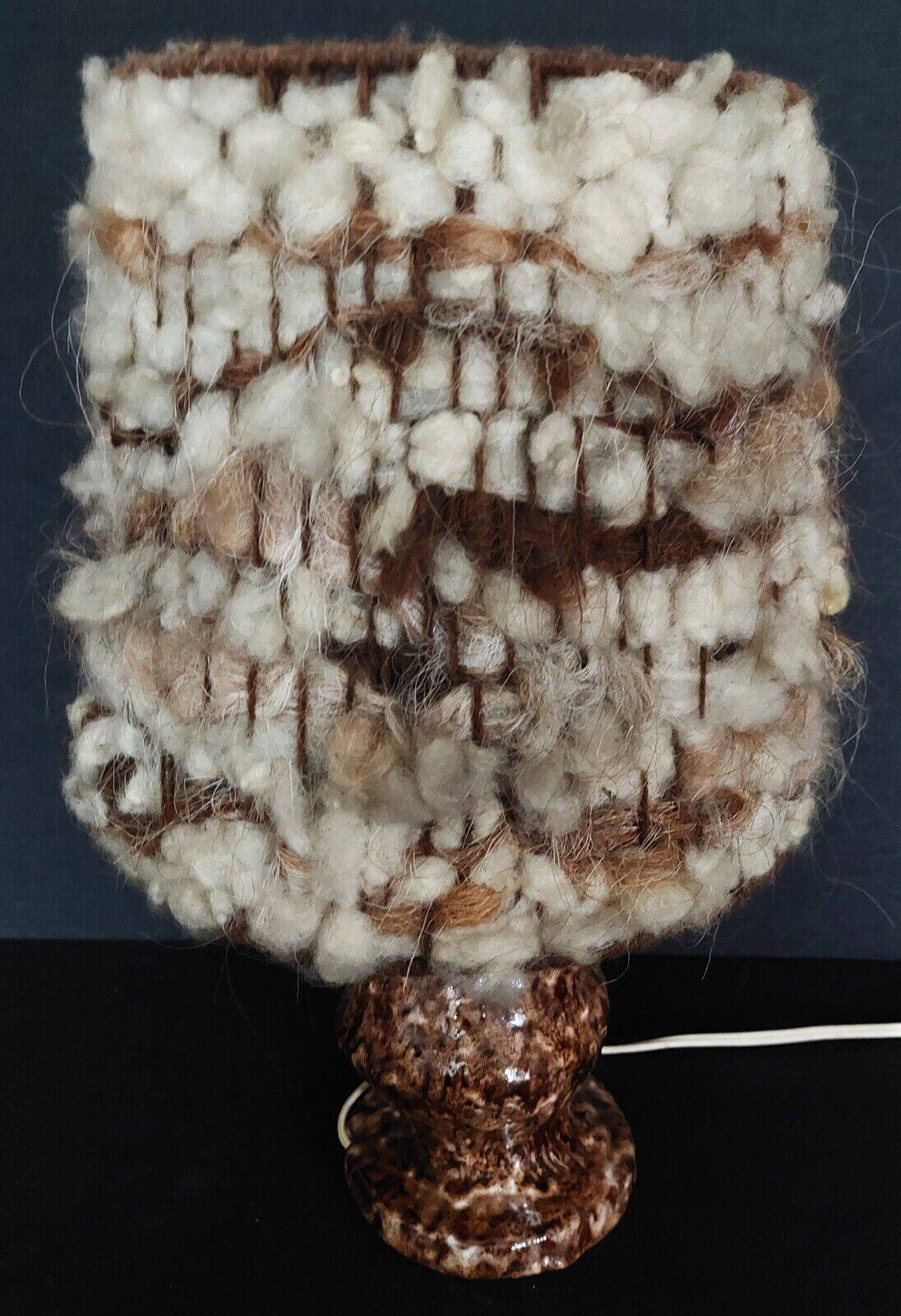 Vintage bedside lamp with wool shade and varnished terracotta base from the 60s