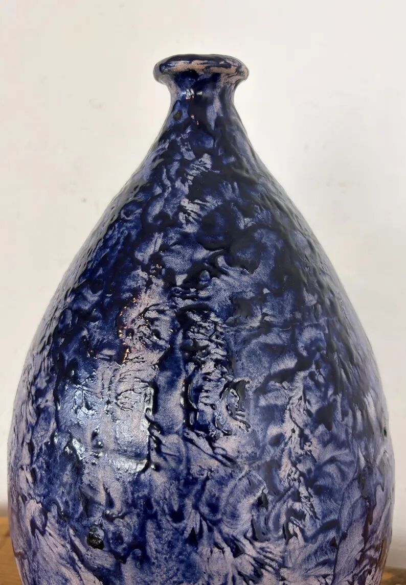 Vintage Mid-Century Studio Art Pottery Cobalt Blue Textured Glaze Teardrop Vase