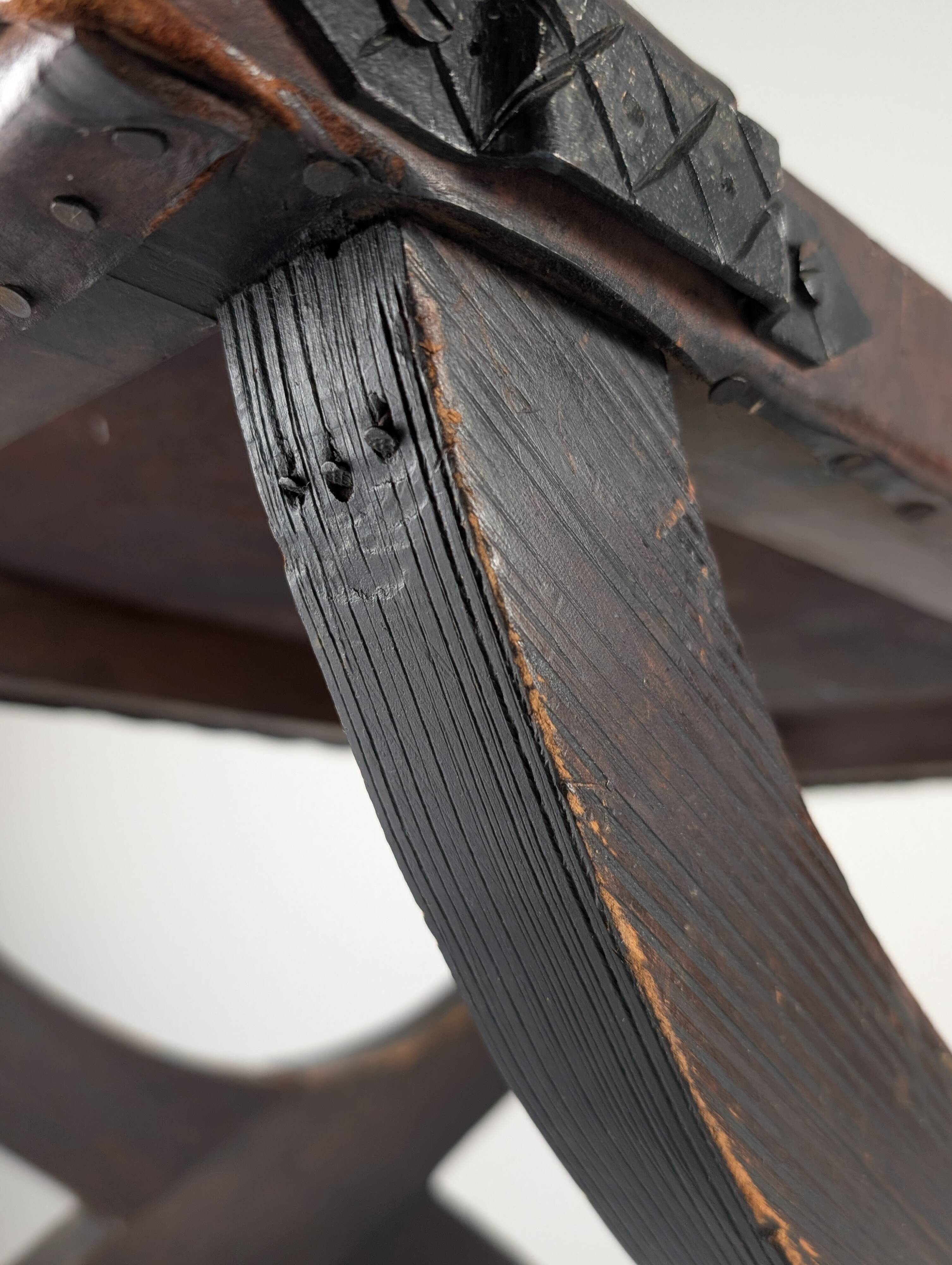 Colonial Curule Stool in Leather and Wrought Iron, Mexico, 1940s