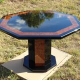 Octagonal table paul michel lacquered black and elm magnifying glass