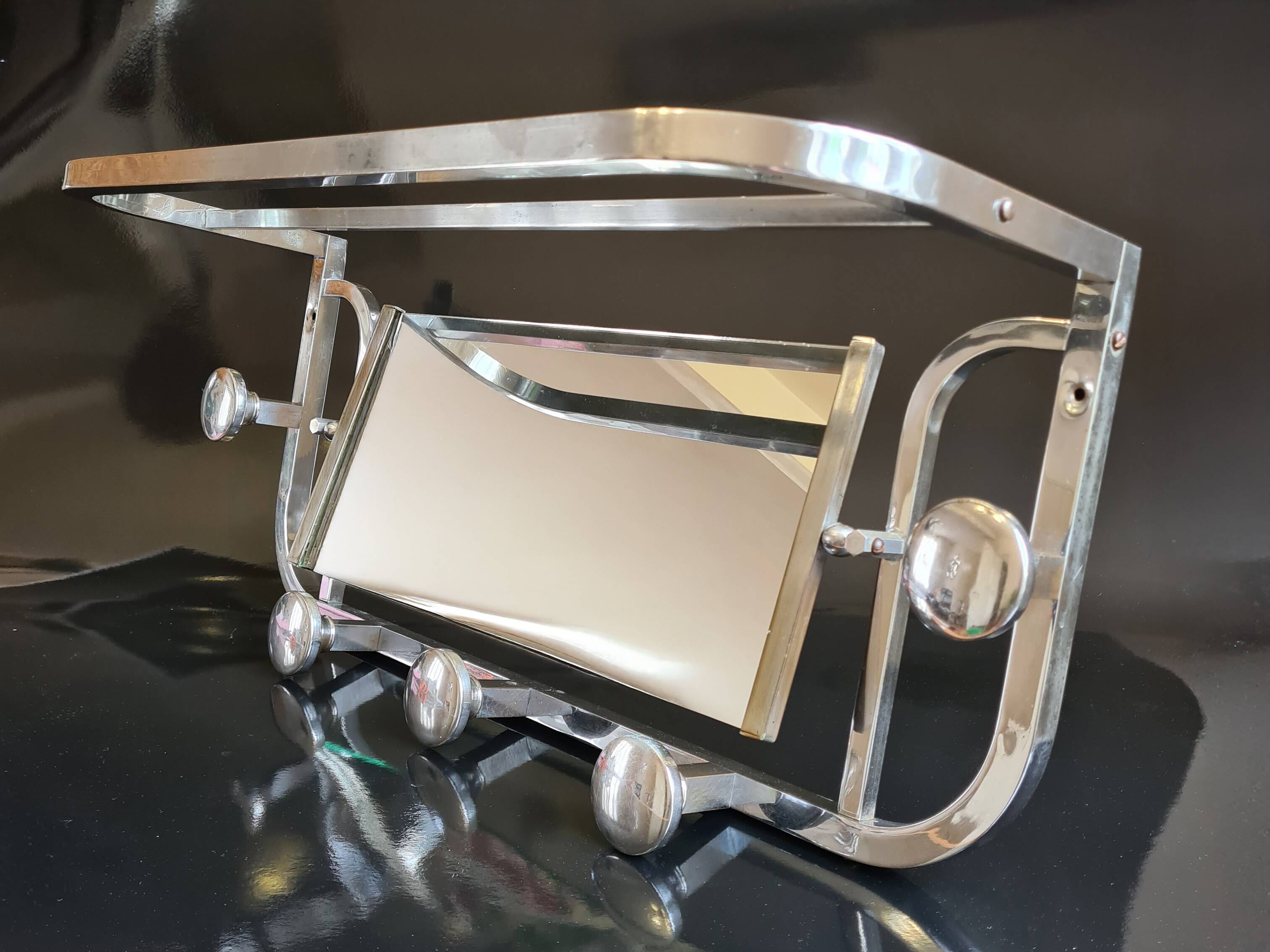 Nickel-plated Art Deco wall-mounted coat rack with swivel mirror