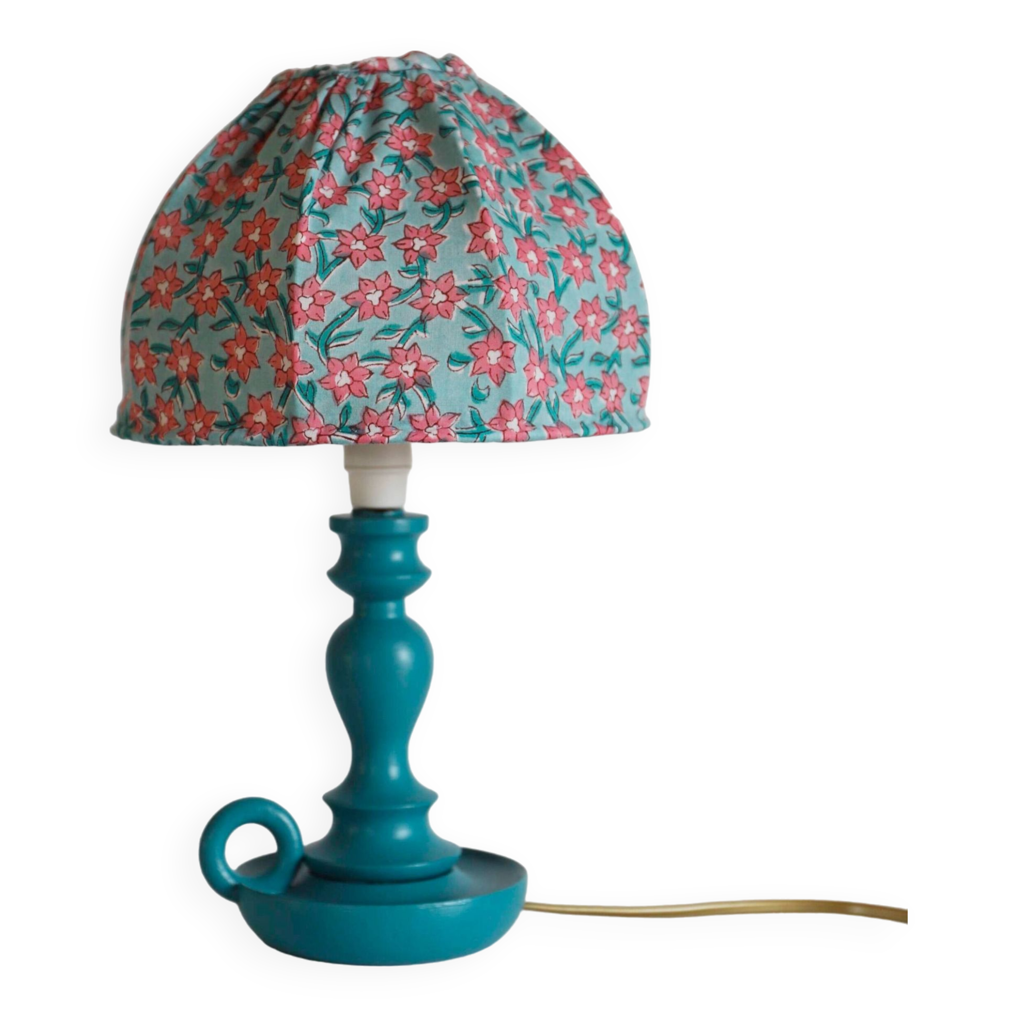 Small old candlestick lamp with hand-stitched flowered lampshade