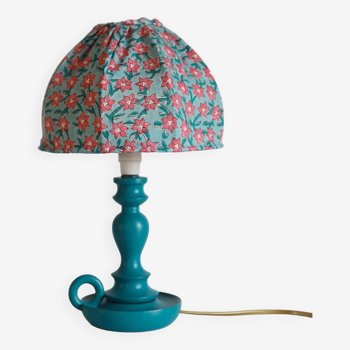 Small old candlestick lamp with hand-stitched flowered lampshade