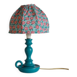 Small old candlestick lamp with hand-stitched flowered lampshade