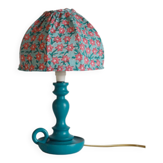 Small old candlestick lamp with hand-stitched flowered lampshade