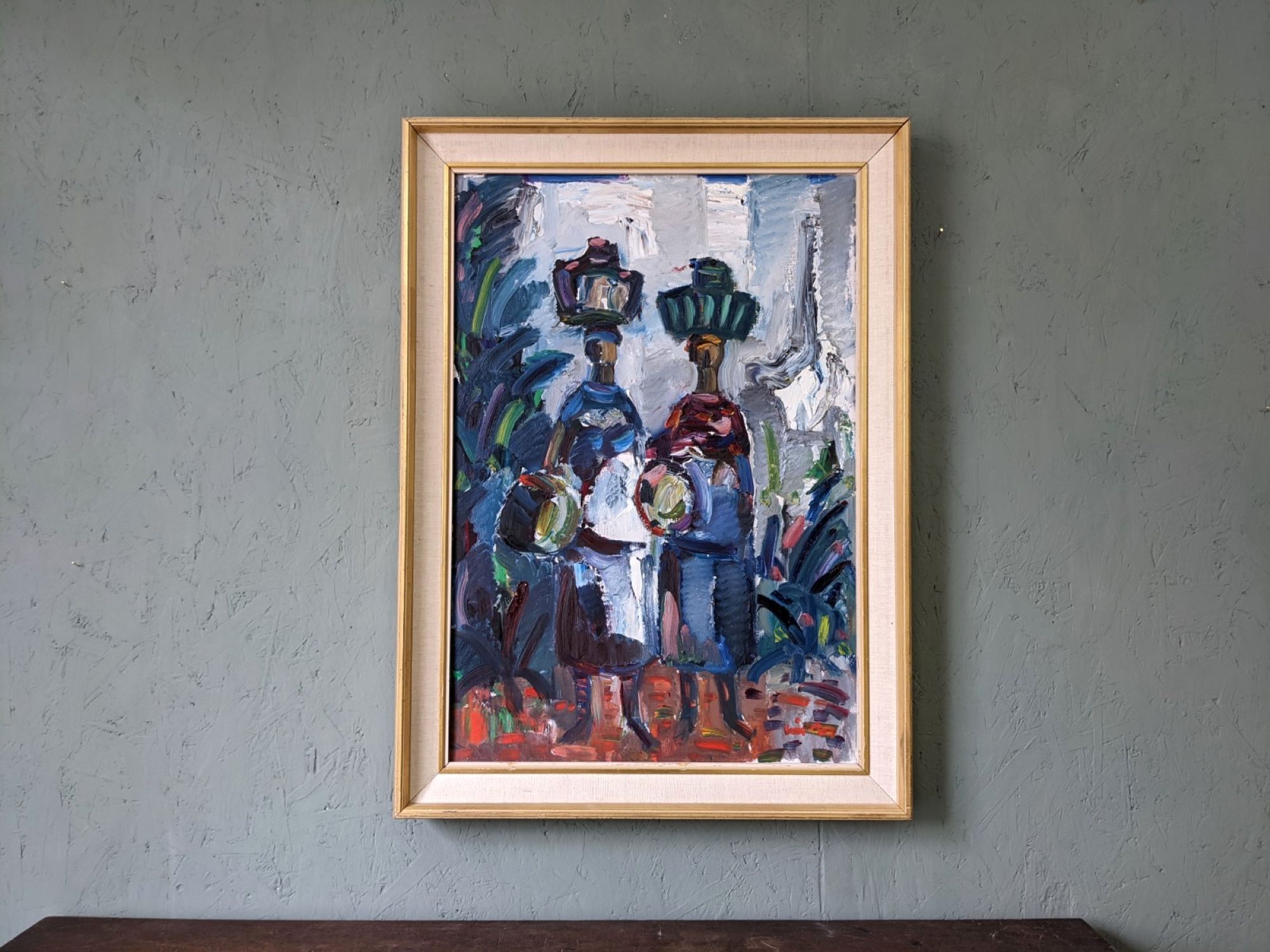 Peinture à l’huile figurative vintage suédoise « Moroccan Ladies » suédoise du milieu du siècle, encadrée