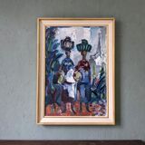 Peinture à l’huile figurative vintage suédoise « Moroccan Ladies » suédoise du milieu du siècle, encadrée