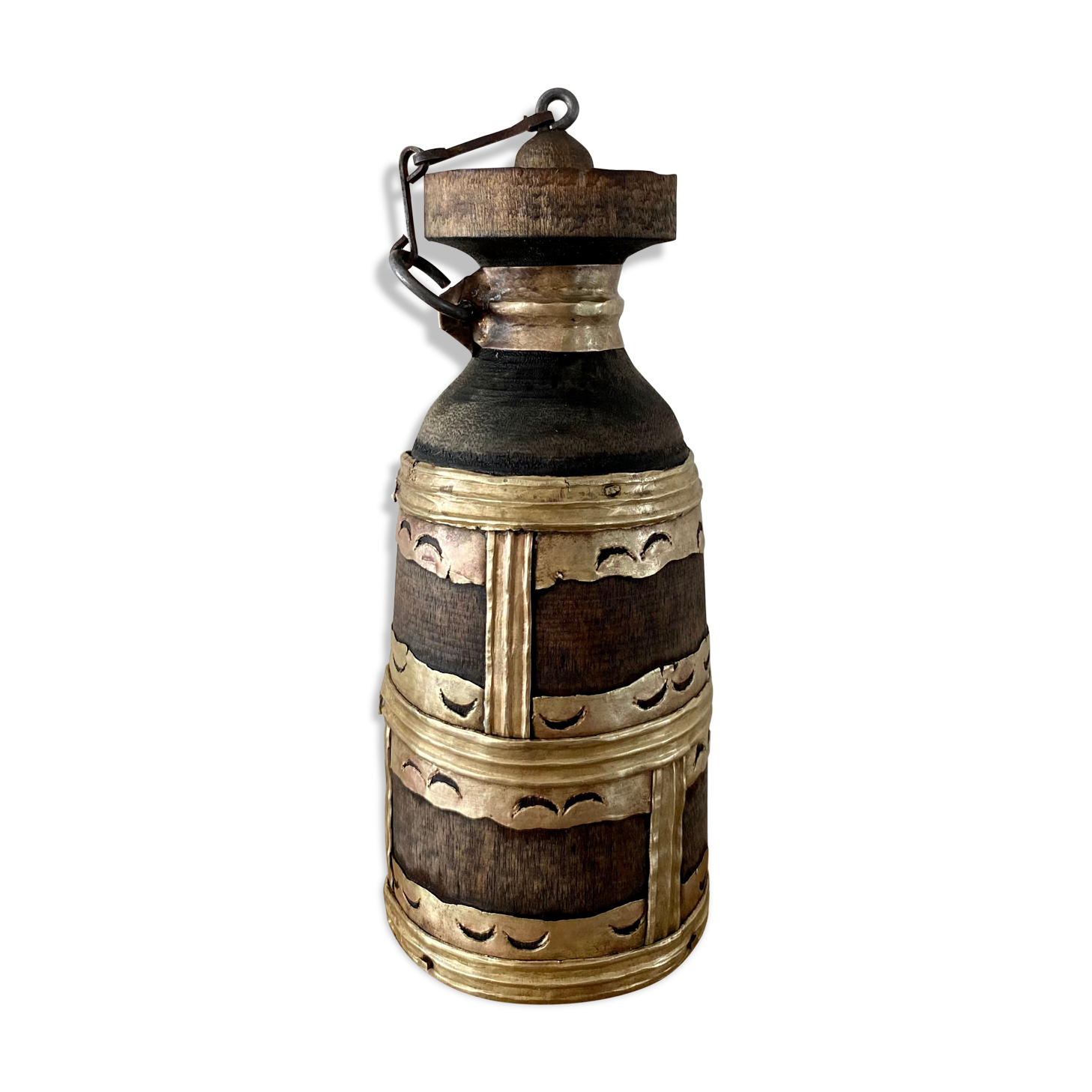 Indian wood and brass bottle