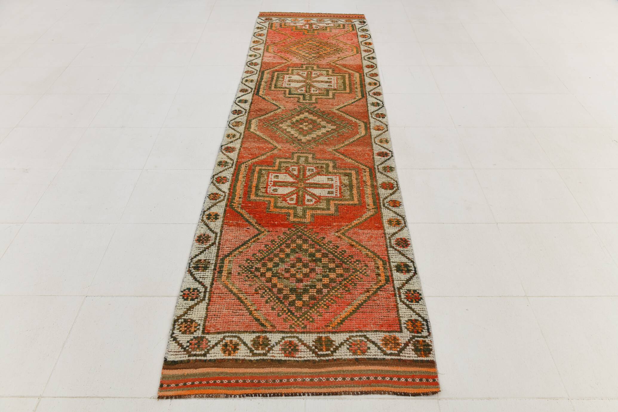 Brick Red Geometric Style Turkish Oushak Runner Rug, 90x340 Cm
