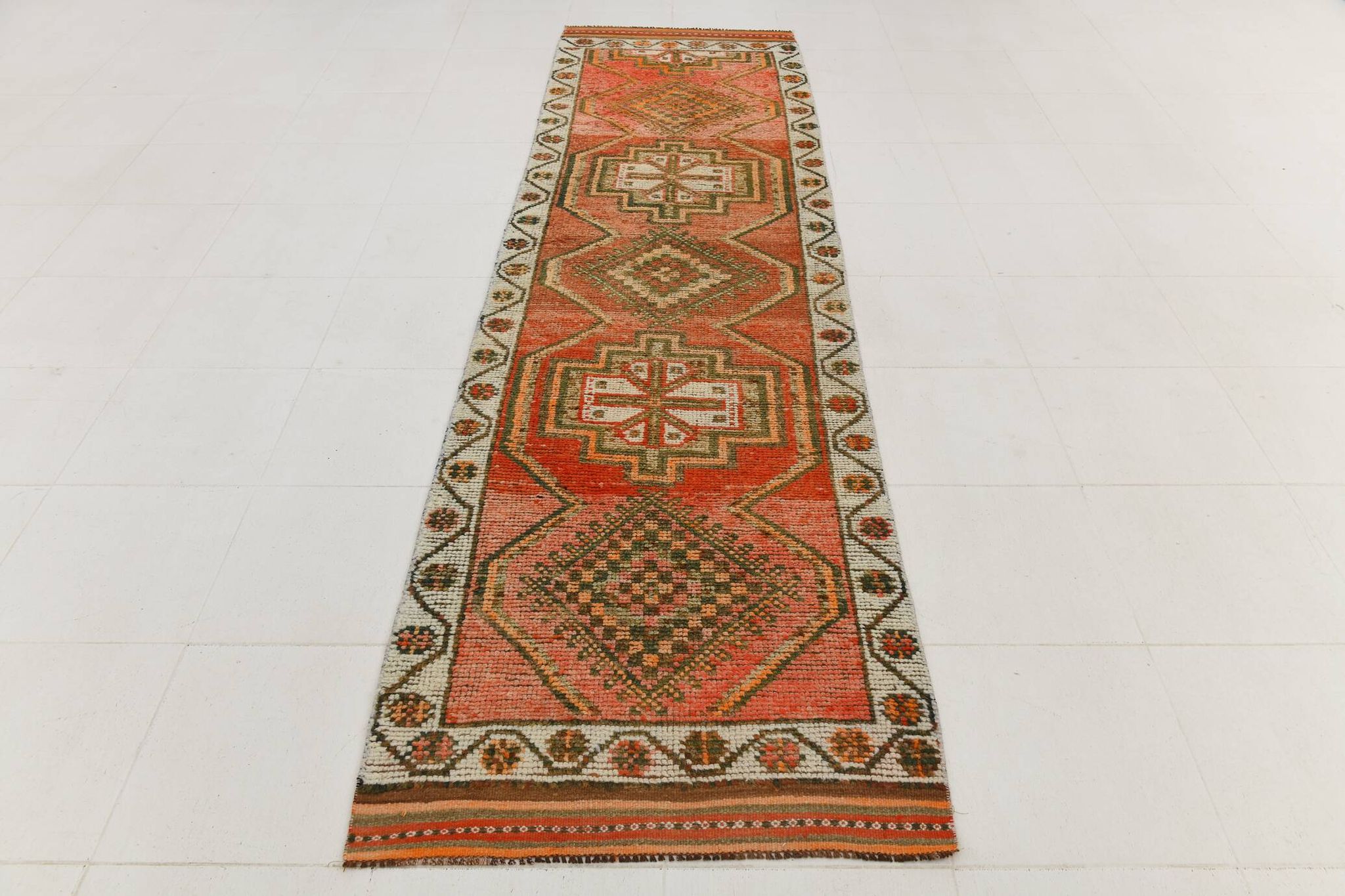 Brick Red Geometric Style Turkish Oushak Runner Rug, 90x340 Cm