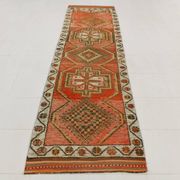 Brick Red Geometric Style Turkish Oushak Runner Rug, 90x340 Cm