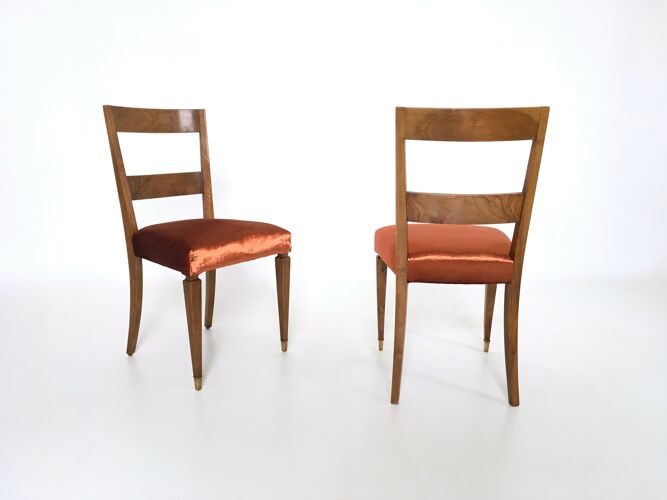Ensemble de dix chaises de salle à manger vintage en noyer avec rembourrage en tissu de cuivre, Italie