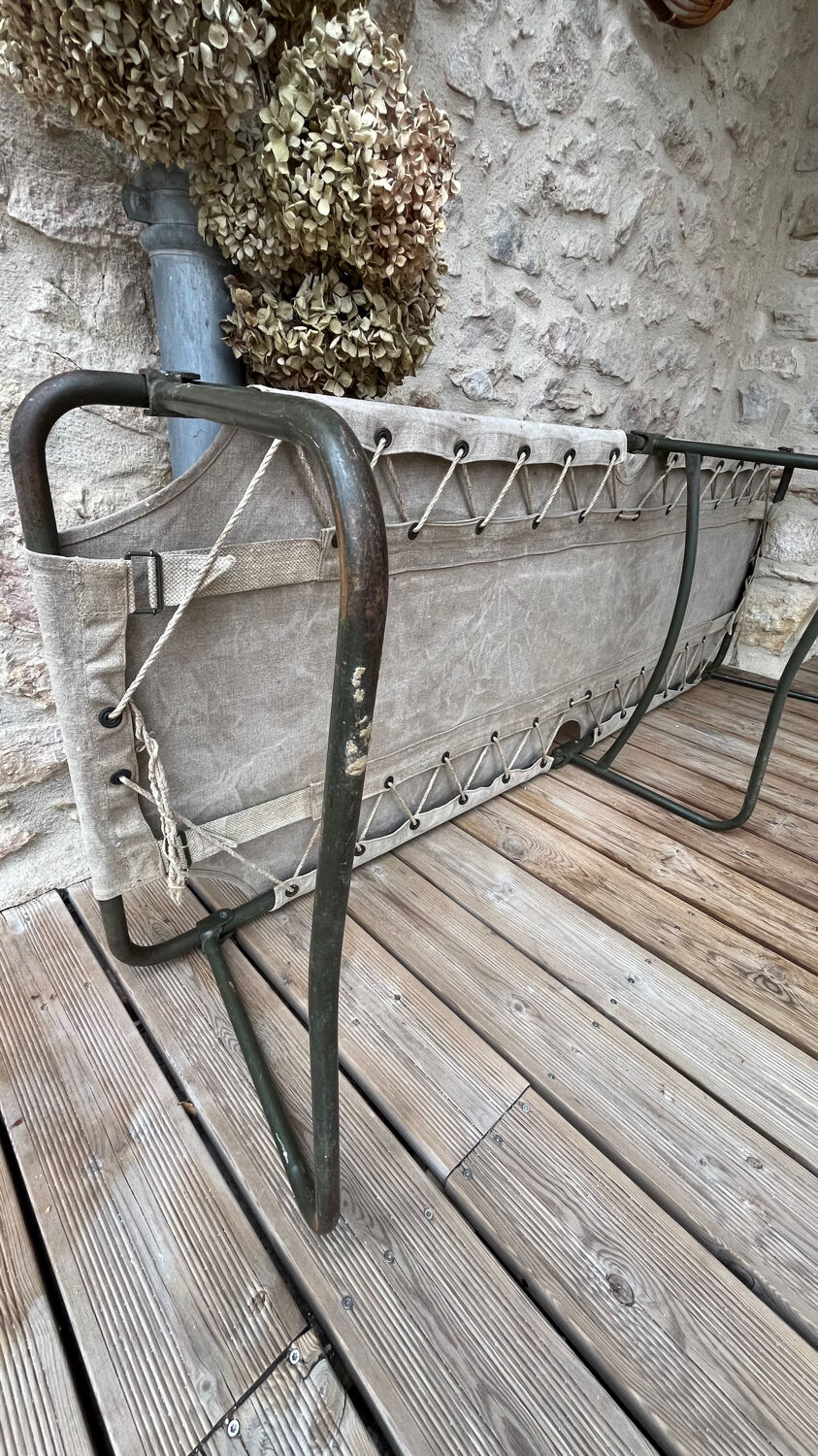 Antique folding military camp bed – khaki green canvas and metal