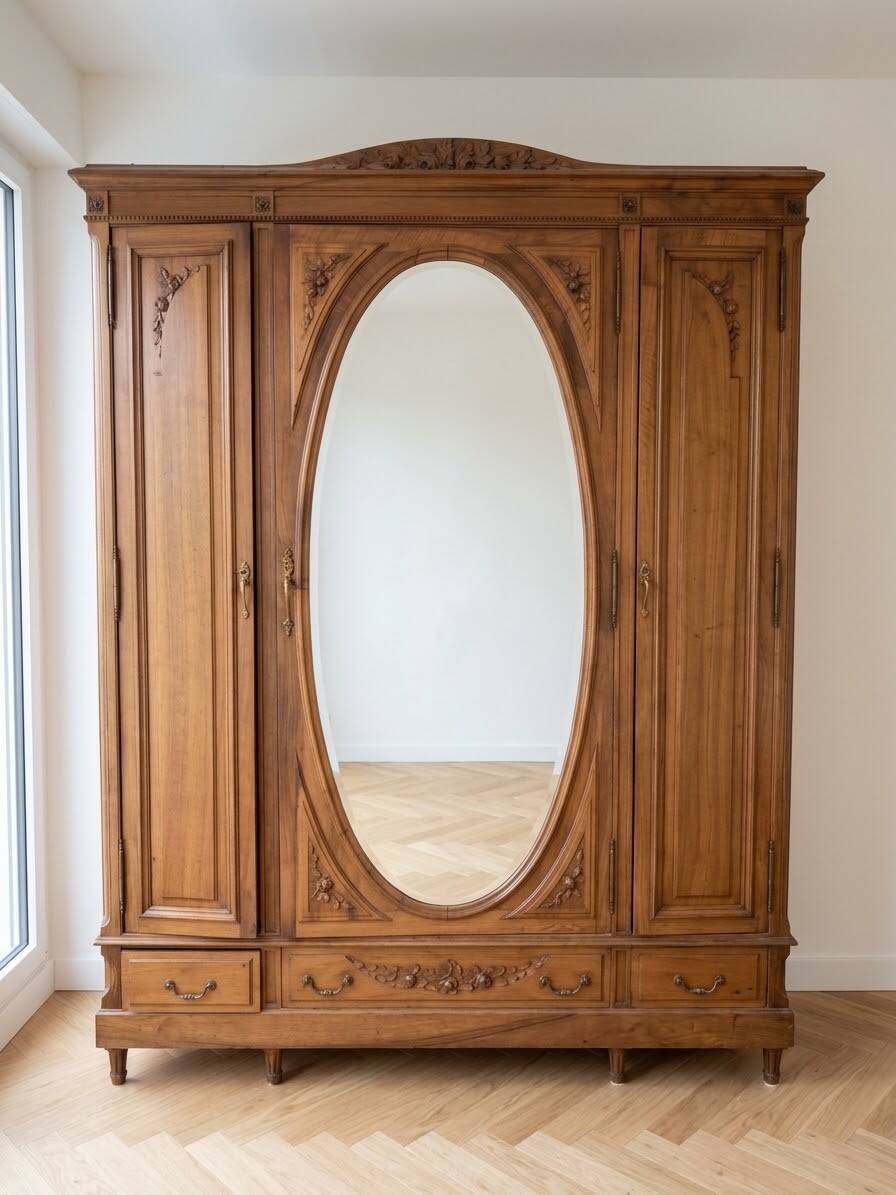 Armoire ancienne en bois massif avec miroir ovale