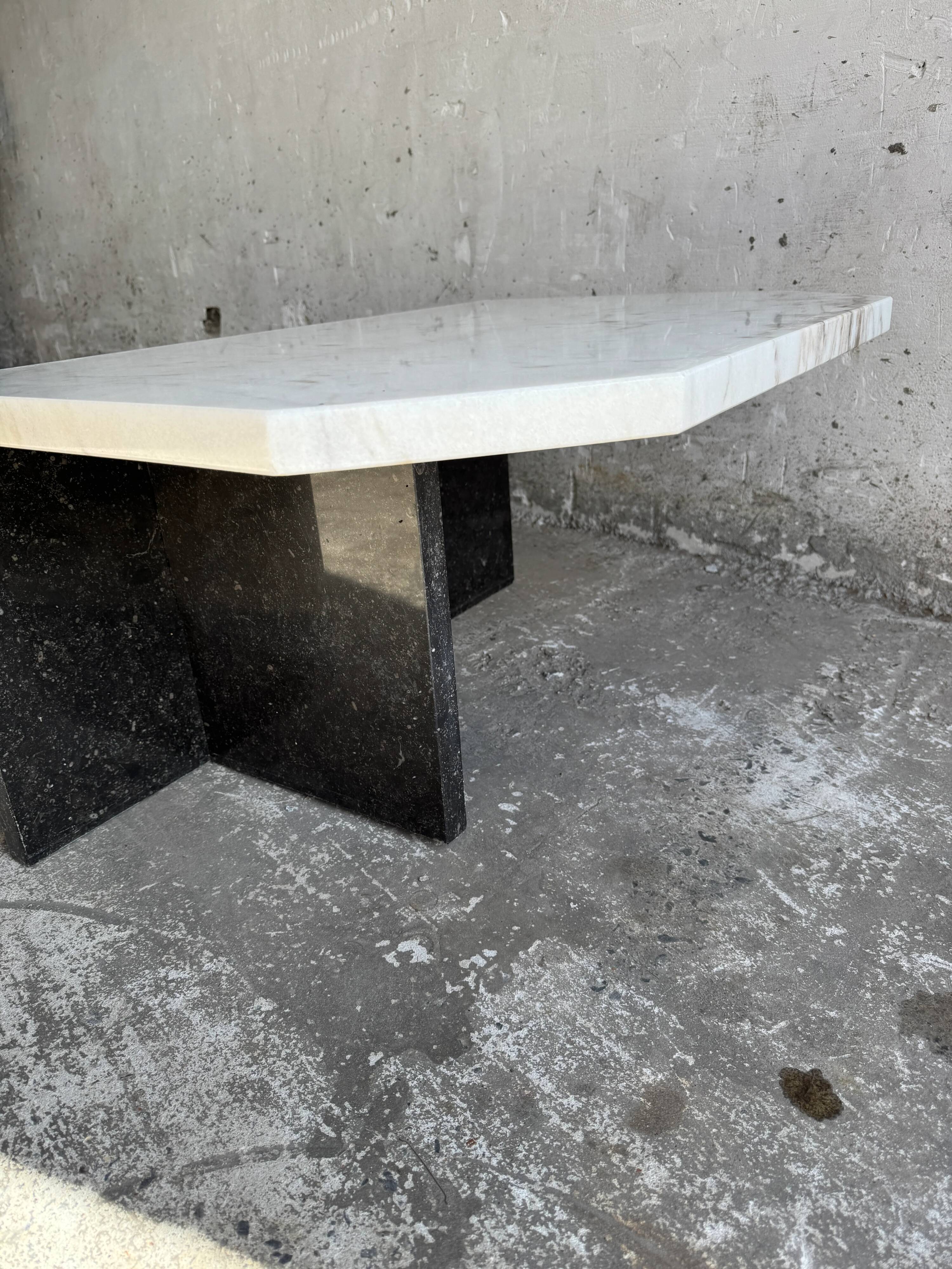 Postmodern white marble and black granite coffee table — sculptural asymmetrical design