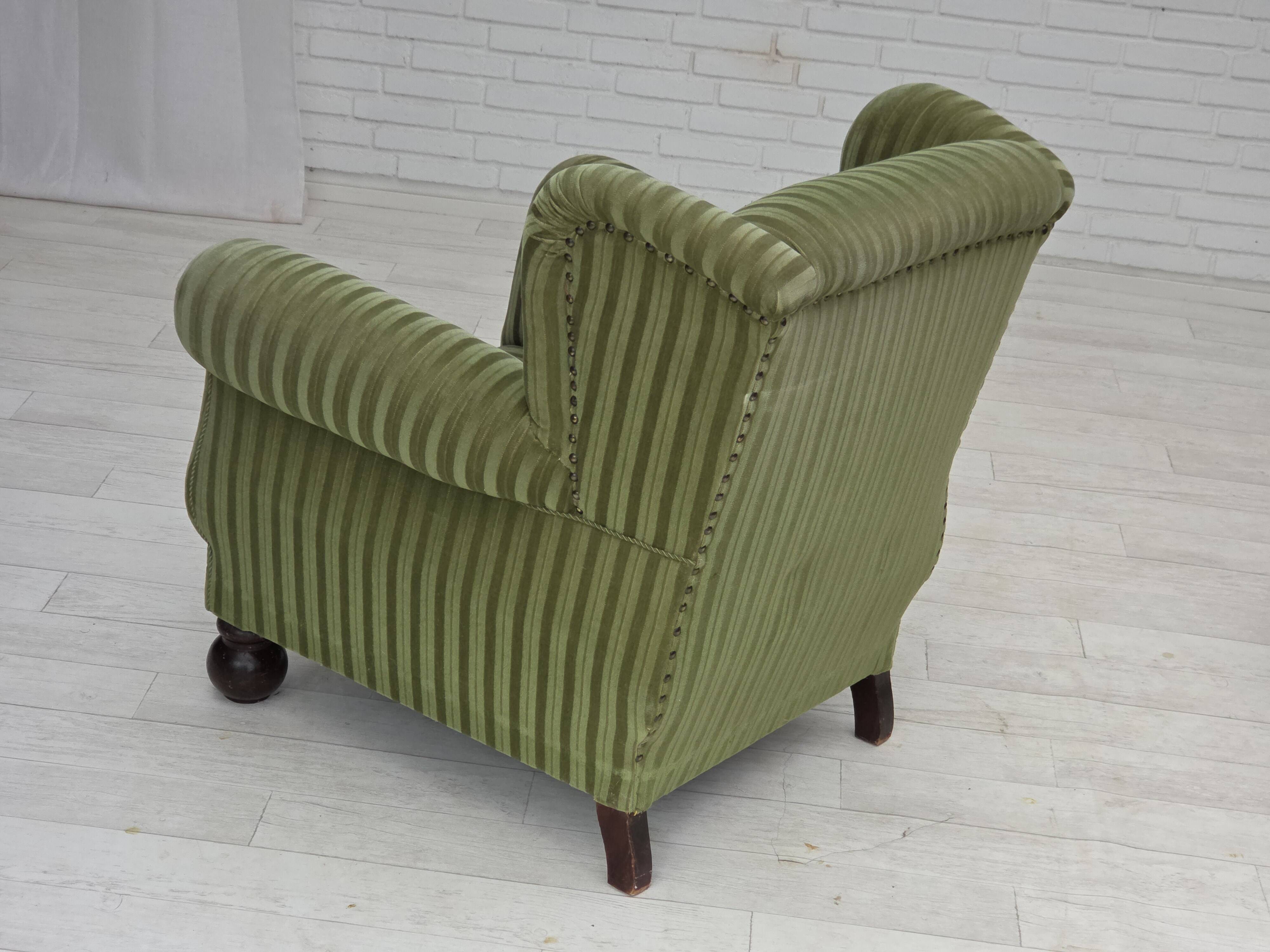 1950s, Danish relax armchair, green furniture velour fabric, ash wood legs.