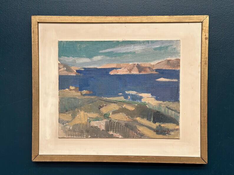 Original Swedish Oil on Panel - "Water Landscape" by Leo Janis - Signed - Vintage and Framed - 59 × 49 cm (23.2" × 19.2")