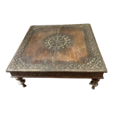Table basse carré en bois de teck massif décorée d'une rosace