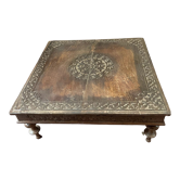 Ancient india square coffee table in solid teak wood decorated with a rosette