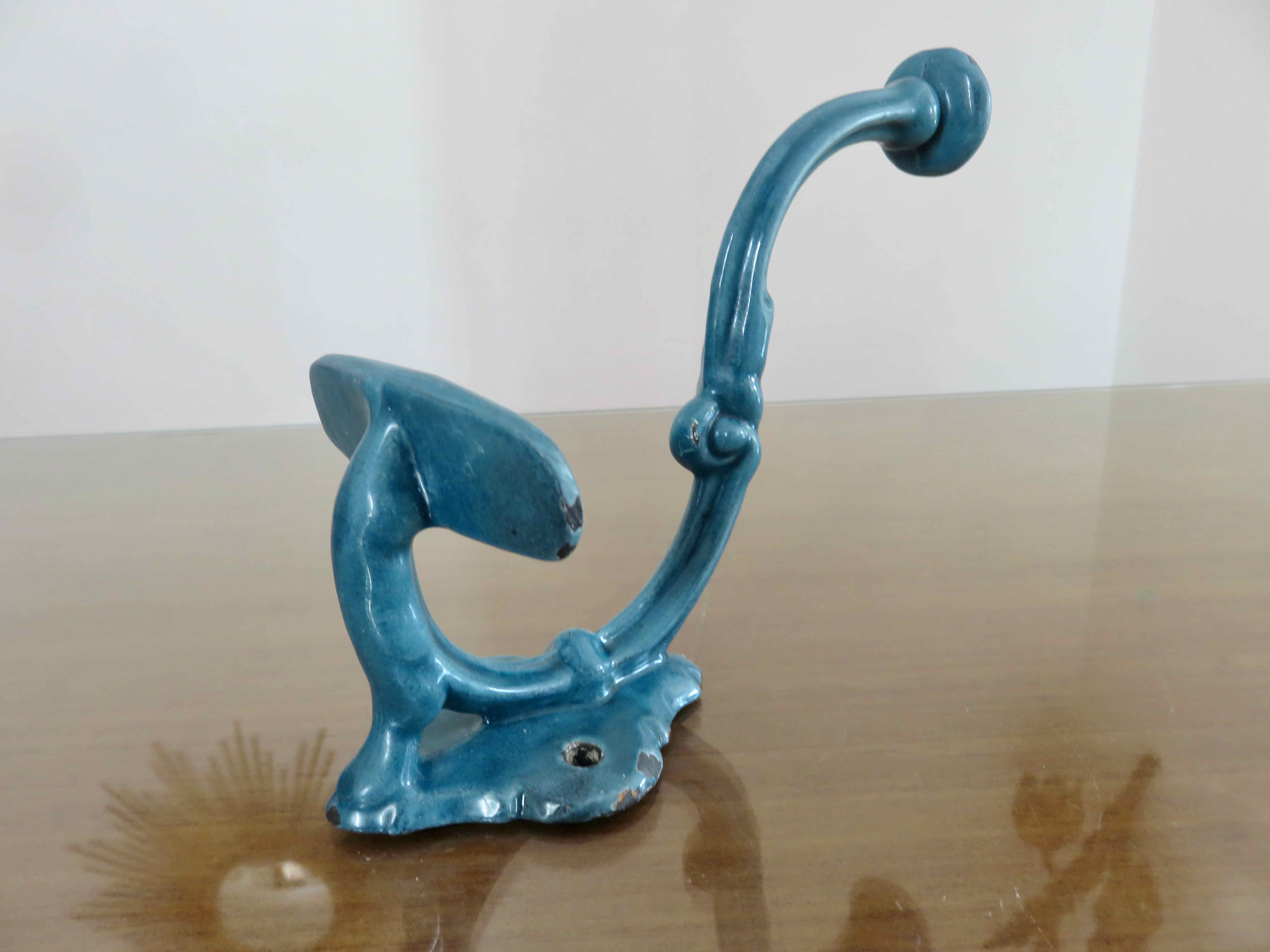 Pair of hooks in blue enamelled cast iron, art deco 30s 40s