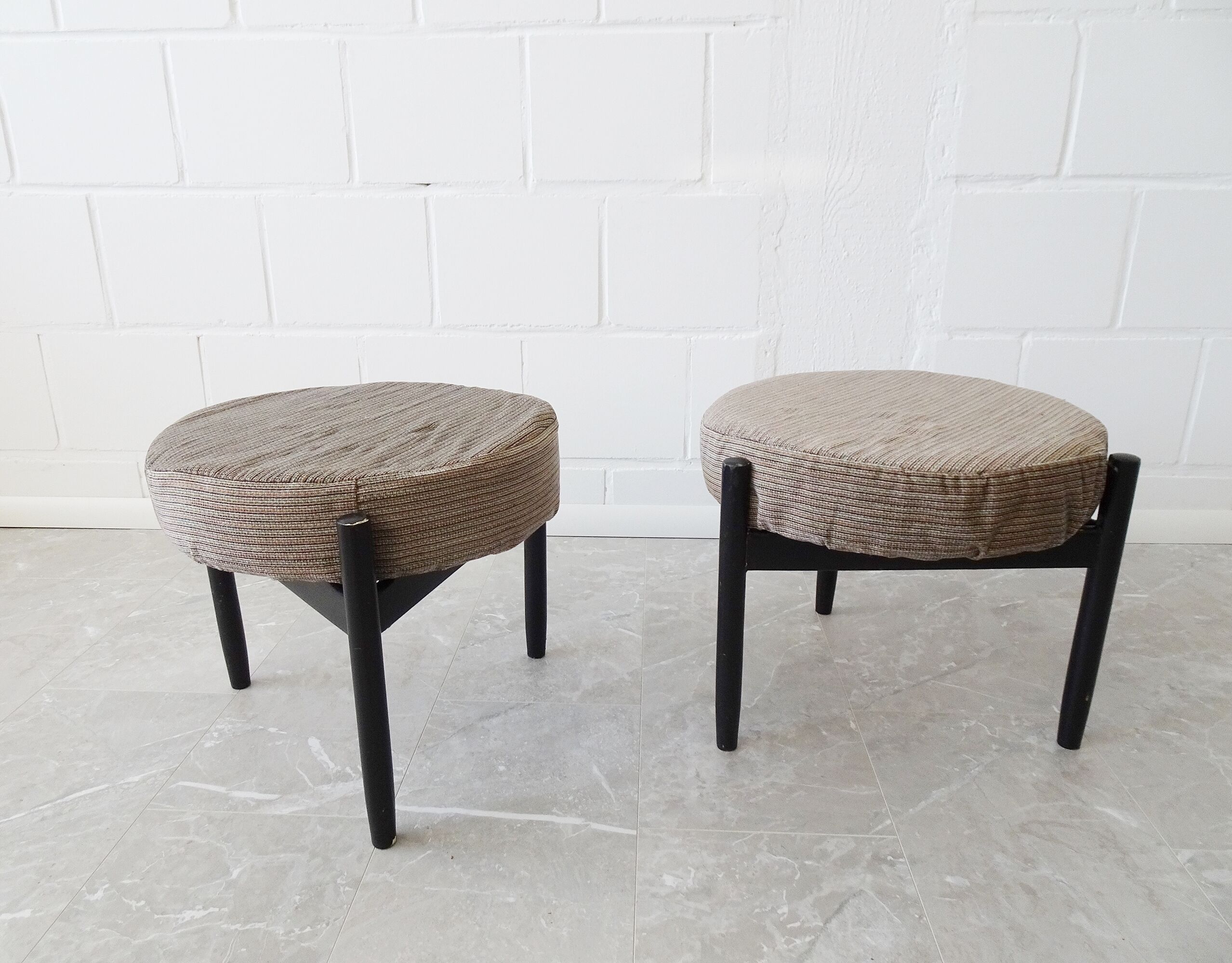 Danish mid century stools on a three-legged wooden frame