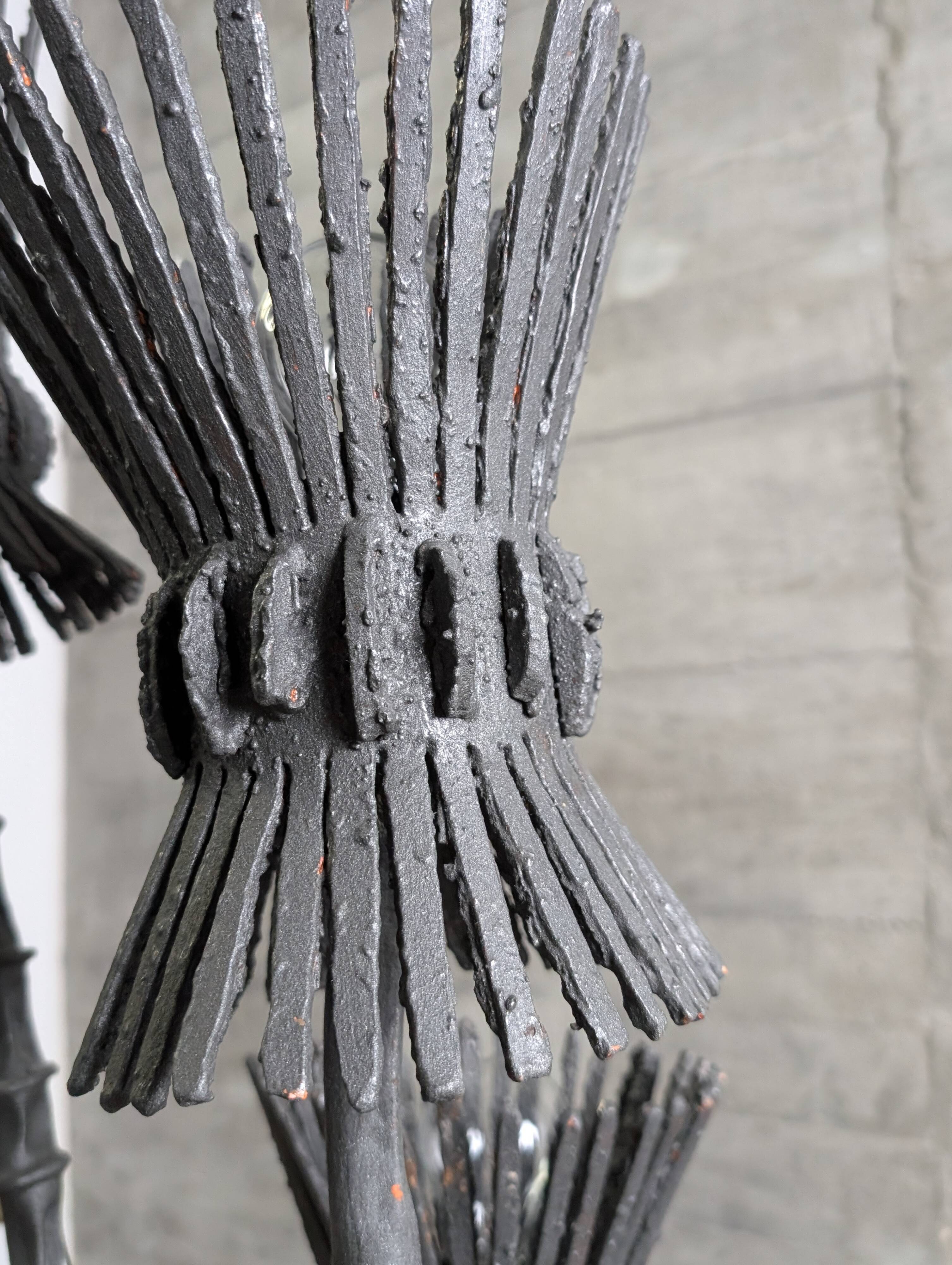 Brutalist floor lamp with five thistle-shaped lights in black wrought iron, 1970s