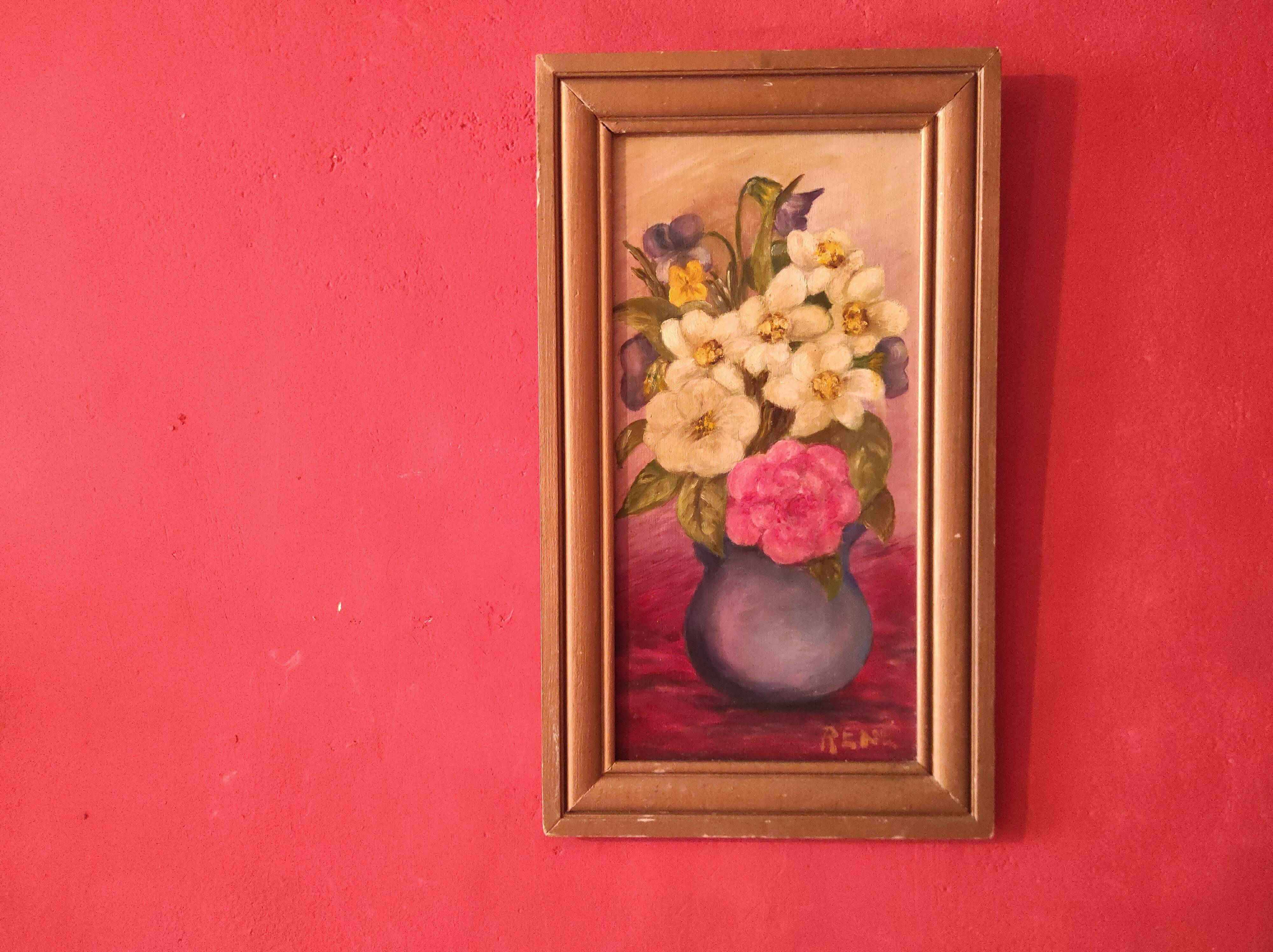 Vintage French oil painting of flowers, signed René