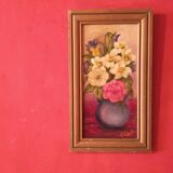 Peinture à l'huile fleurs vintage, France signée René