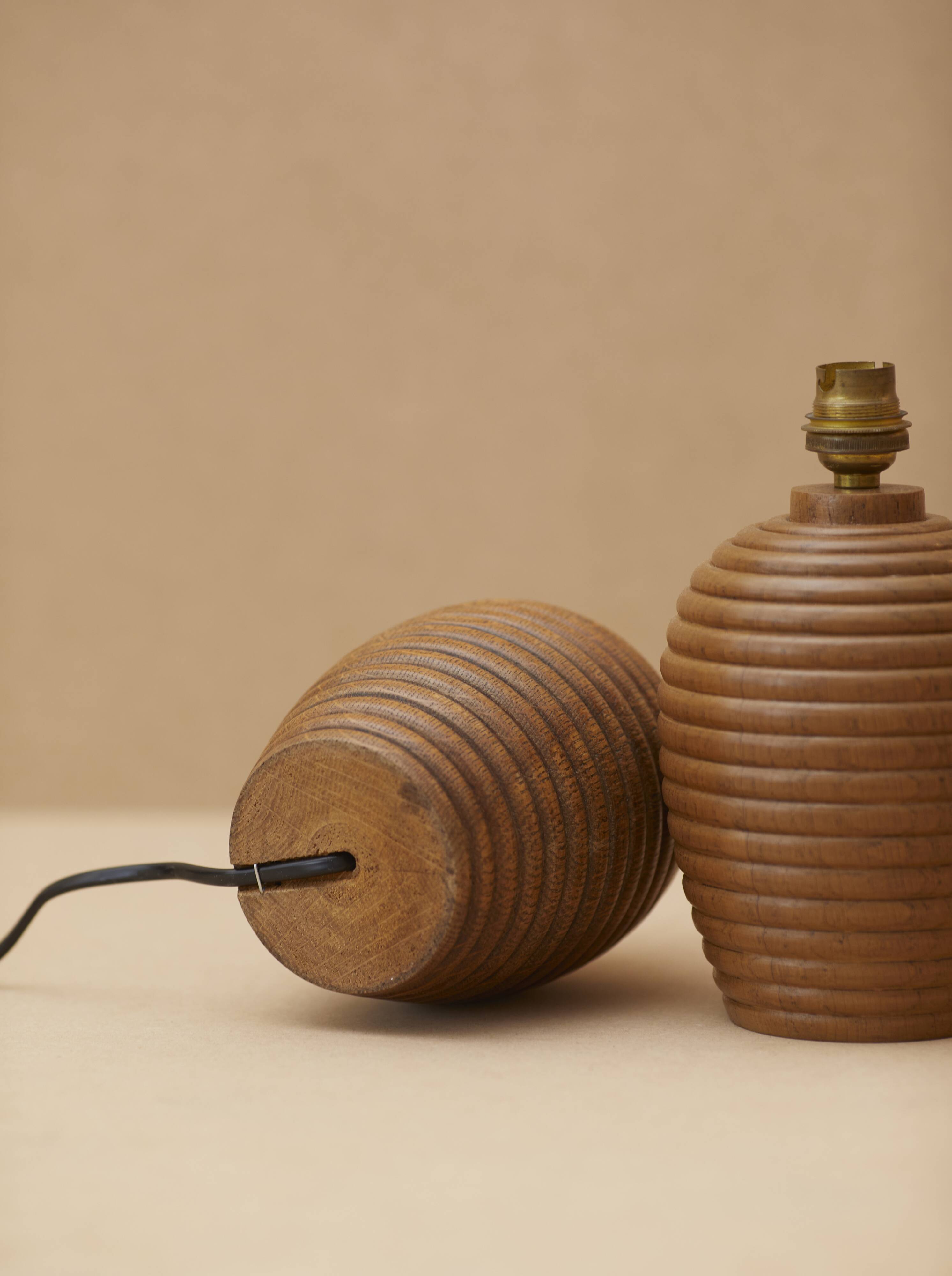 Pair of solid wood lamp bases (oak) turned vintage circa 1960