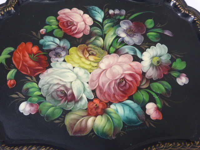 Bohemian and folk this metal tray painted with multicoloured flowers painted hand, russian vintage