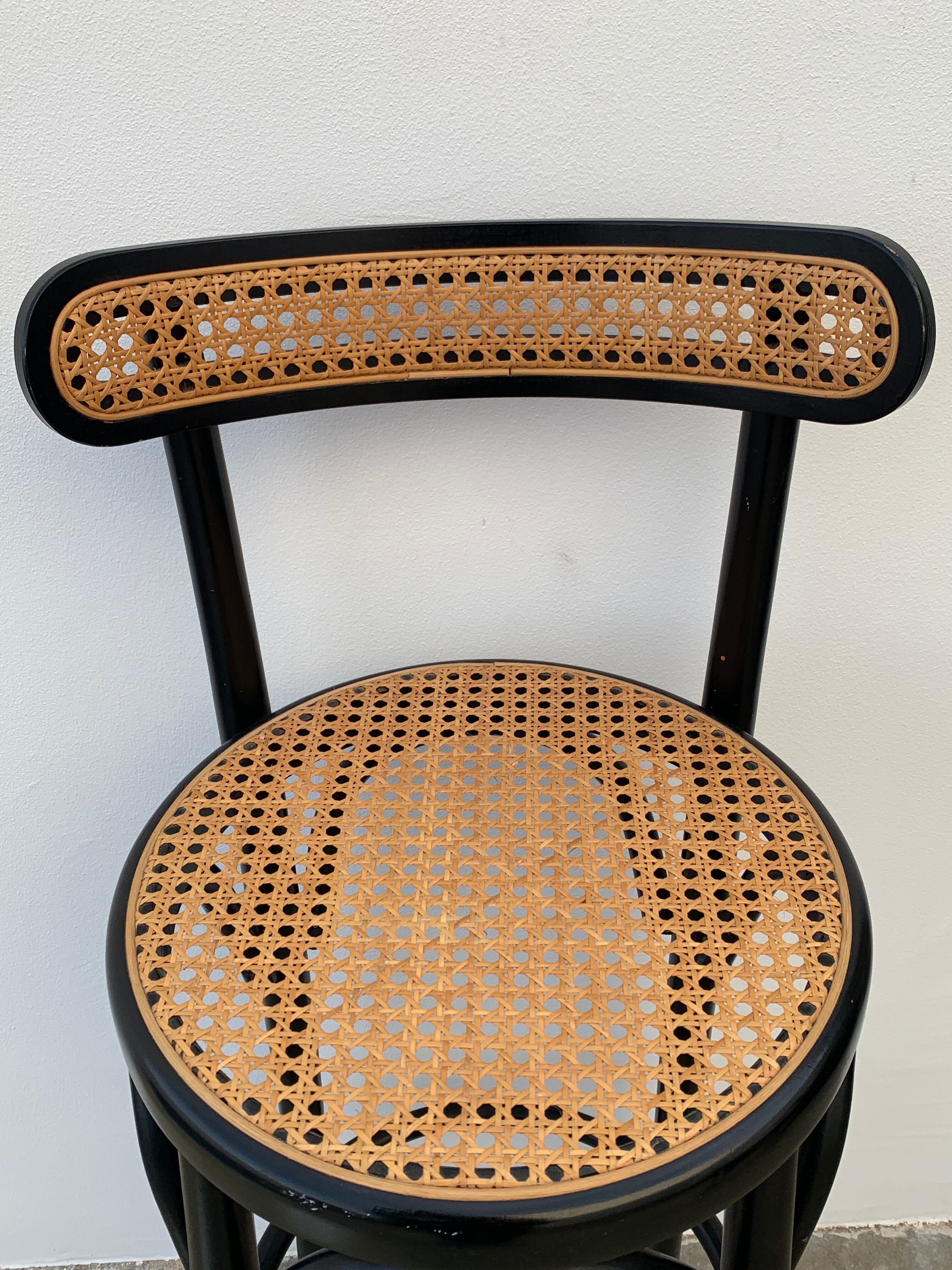 Pair of high canne stools or black curved wooden bar chairs, 1970