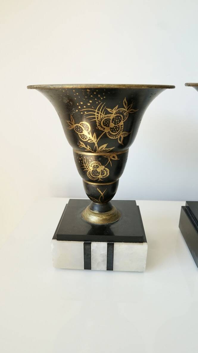 Pair of Art Deco enamelled brass casseroles, black and white marble base