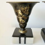 Pair of Art Deco enamelled brass casseroles, black and white marble base