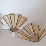 Set of 2 vintage shell or fan wall lights in glass paste and aged gold metal
